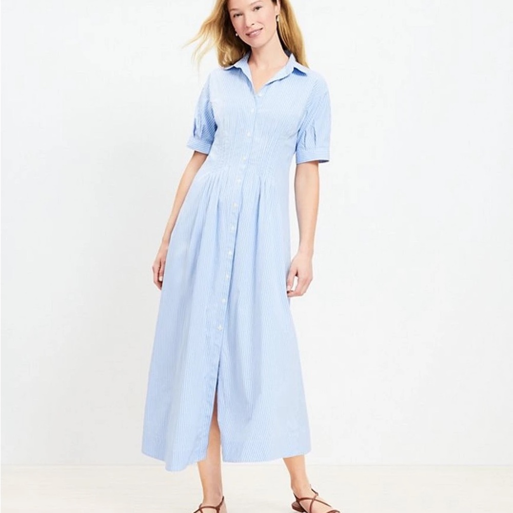 LOFT Blue and White Stripe Pleated Bodice Midi Shirtdress Size 12
